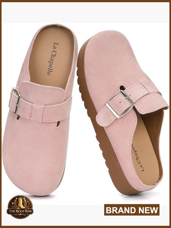 Shoes - Suede Clogs for Women Soft Cork Footbed Leather Mules with Adjustable Buckle